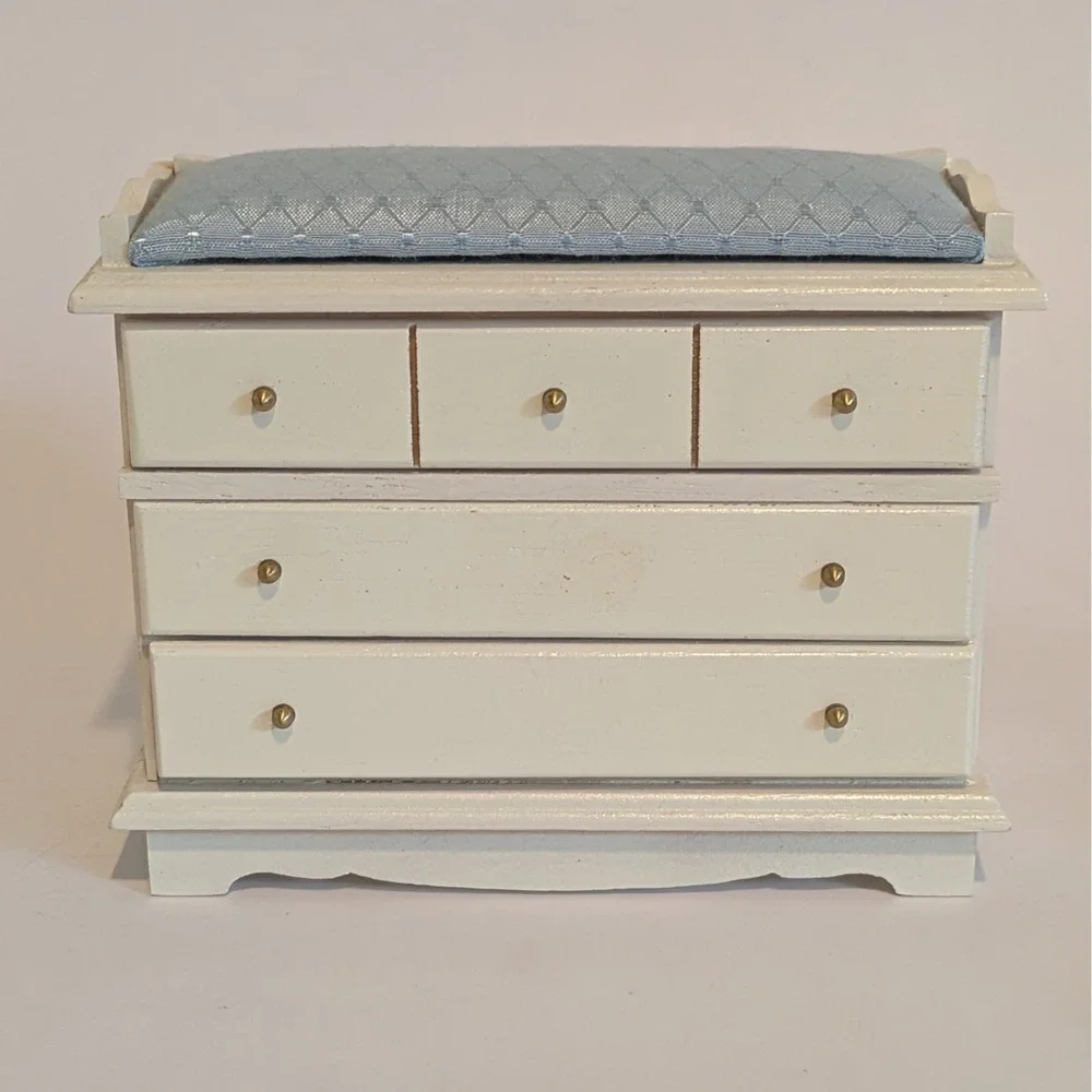 Dollhouse Furniture Baby Changing Table Dresser Upholstered White/Blue
